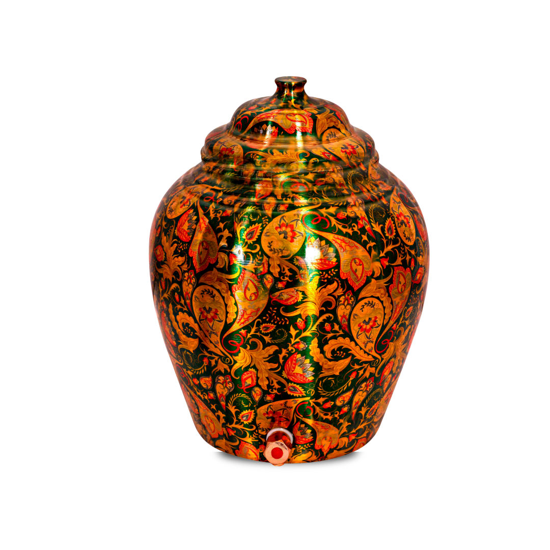 Handcrafted Pure Copper Water Pot Green Flower Leaf Design